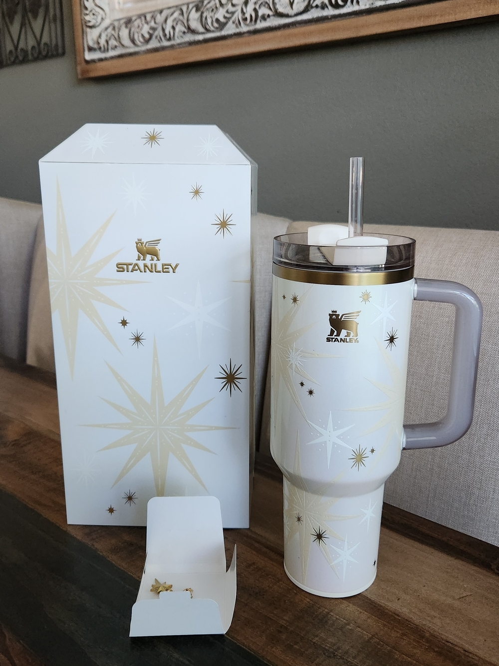 Stanley White & Gold Starburst Travel Tumbler with Gray Handle